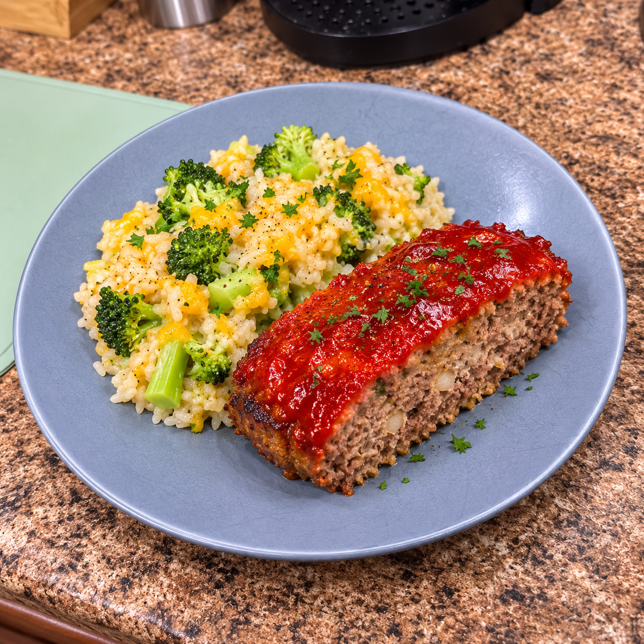 Meatloaf with broccoli and cheesy rice on a plate